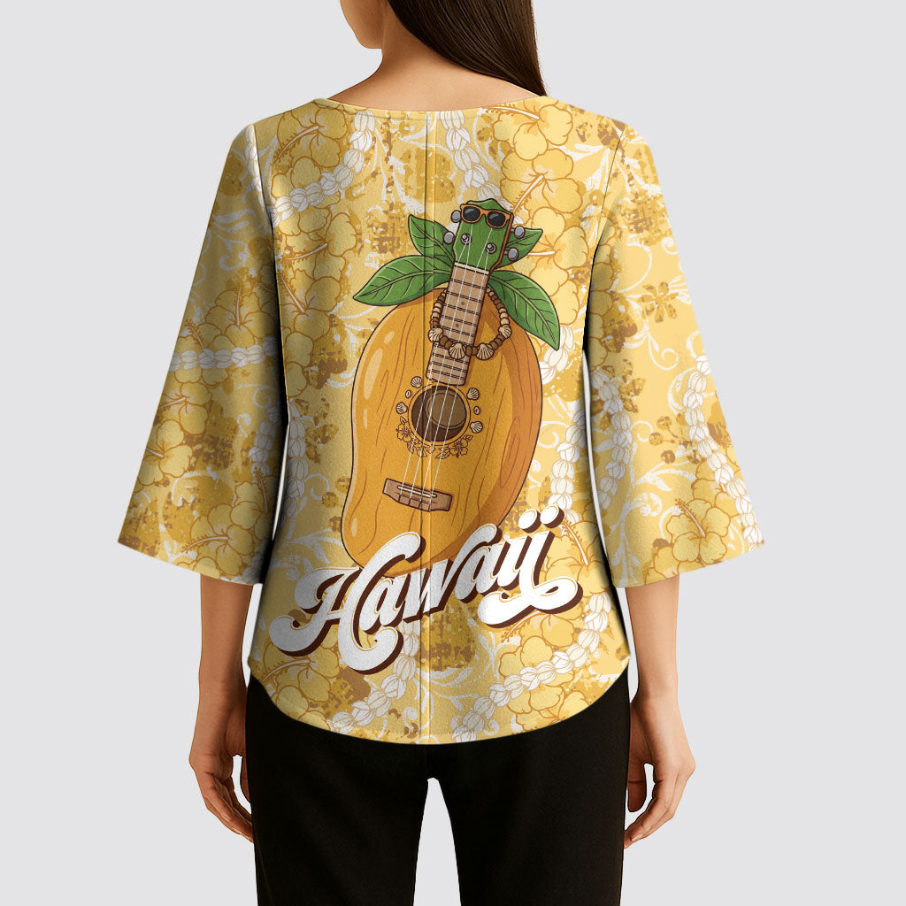 Hawaiian Mango Ukulele Kimono Sleeve Blouse Retro Yellow Hibiscus Pikake Lei LT9 - Polynesian Pride