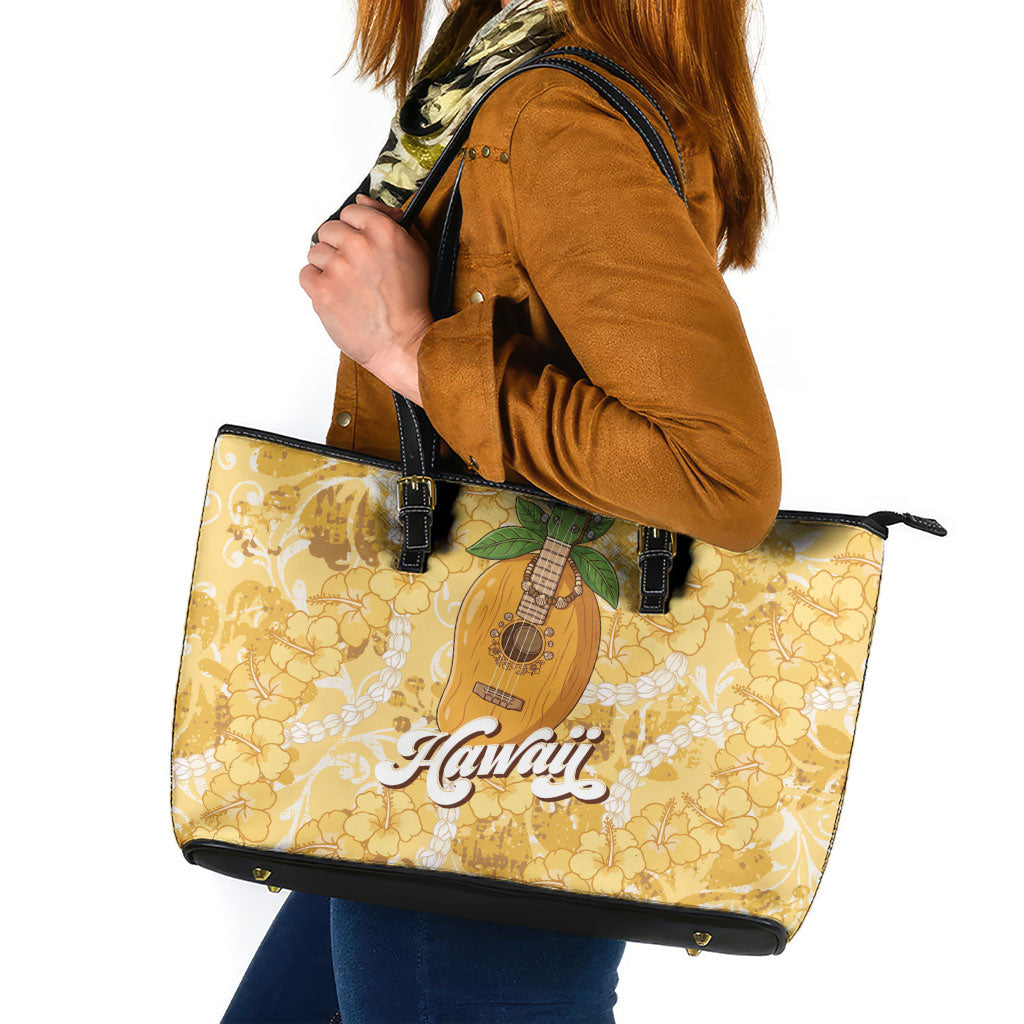Hawaiian Mango Ukulele Leather Tote Bag Retro Yellow Hibiscus Pikake Lei LT9 Yellow - Polynesian Pride