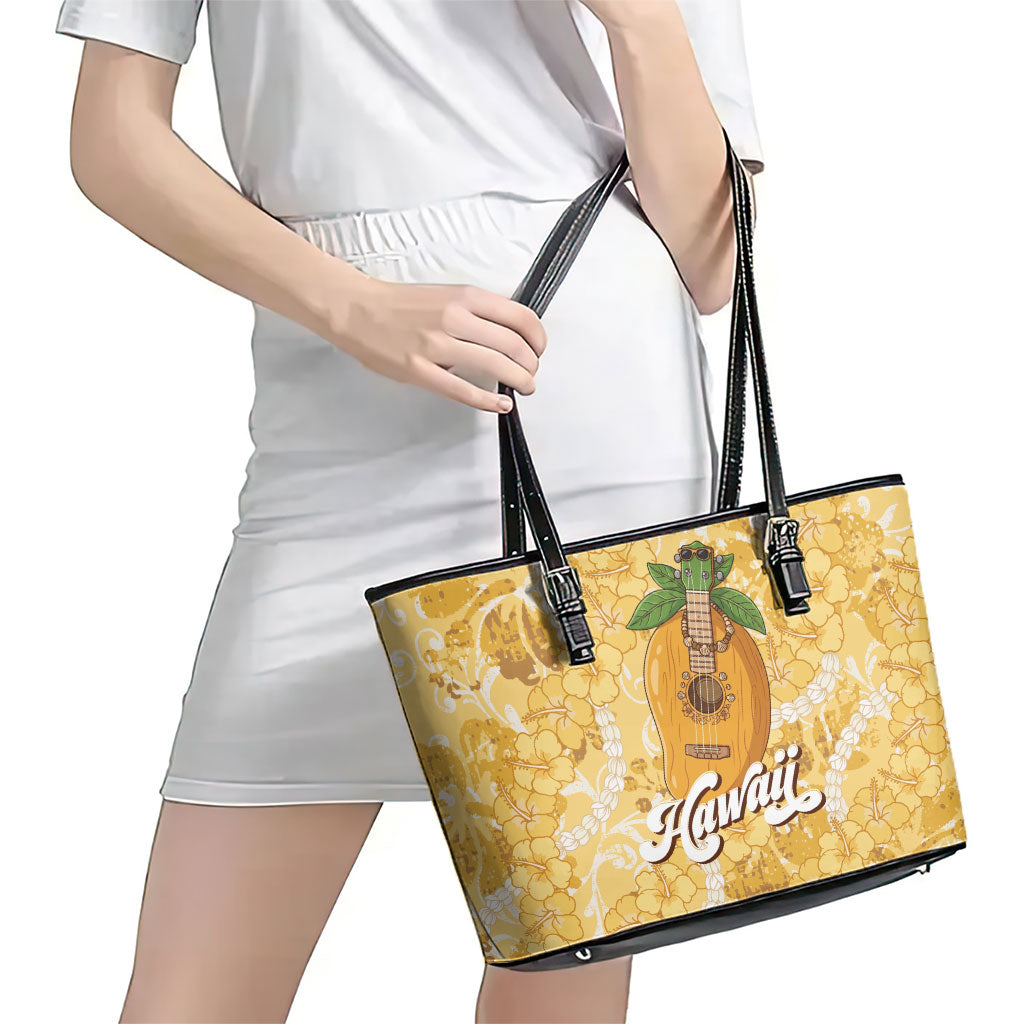 Hawaiian Mango Ukulele Leather Tote Bag Retro Yellow Hibiscus Pikake Lei LT9 - Polynesian Pride