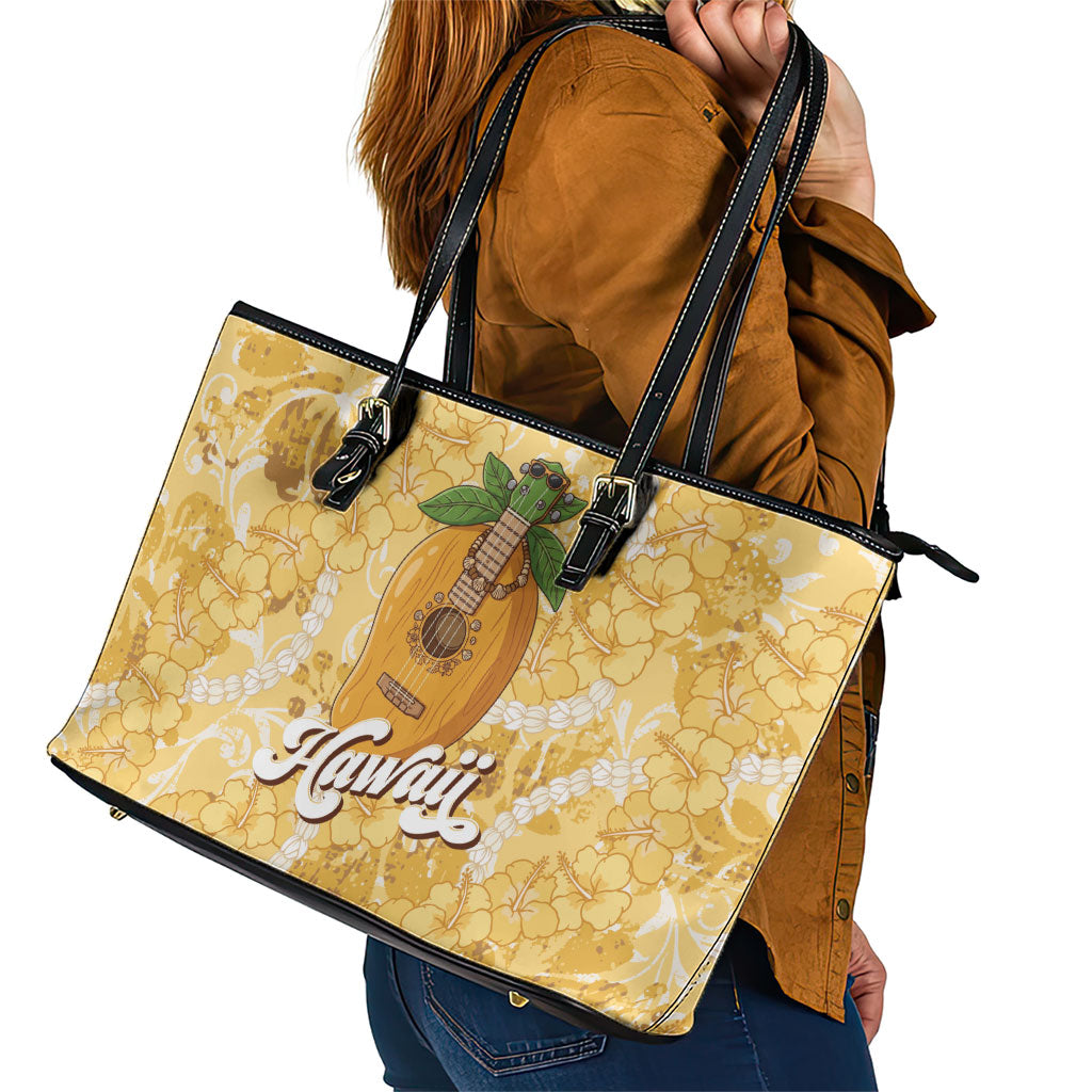 Hawaiian Mango Ukulele Leather Tote Bag Retro Yellow Hibiscus Pikake Lei LT9 - Polynesian Pride