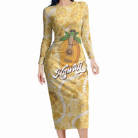 Hawaiian Mango Ukulele Long Sleeve Bodycon Dress Retro Yellow Hibiscus Pikake Lei LT9 Long Dress Yellow - Polynesian Pride
