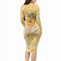 Hawaiian Mango Ukulele Long Sleeve Bodycon Dress Retro Yellow Hibiscus Pikake Lei LT9 - Polynesian Pride