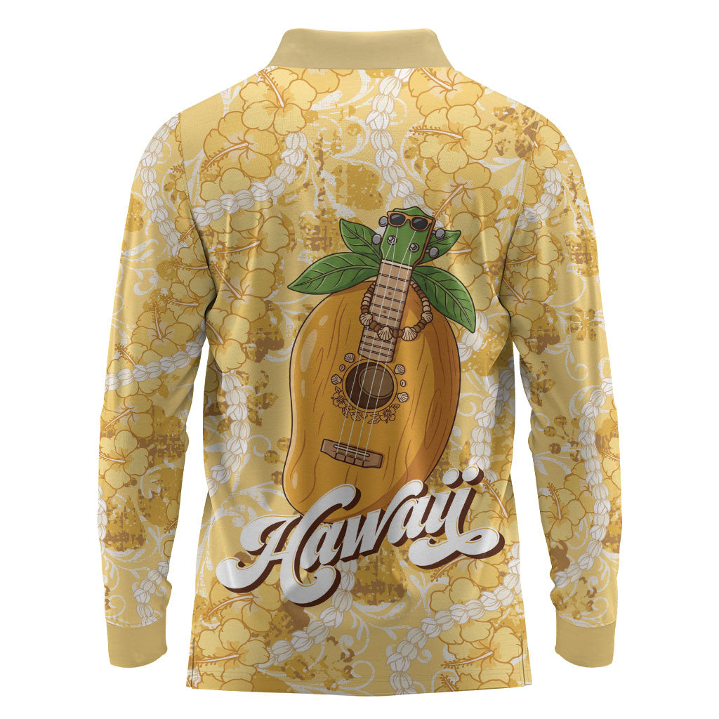 Hawaiian Mango Ukulele Long Sleeve Polo Shirt Retro Yellow Hibiscus Pikake Lei LT9 - Polynesian Pride