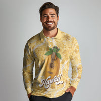Hawaiian Mango Ukulele Long Sleeve Polo Shirt Retro Yellow Hibiscus Pikake Lei LT9 - Polynesian Pride
