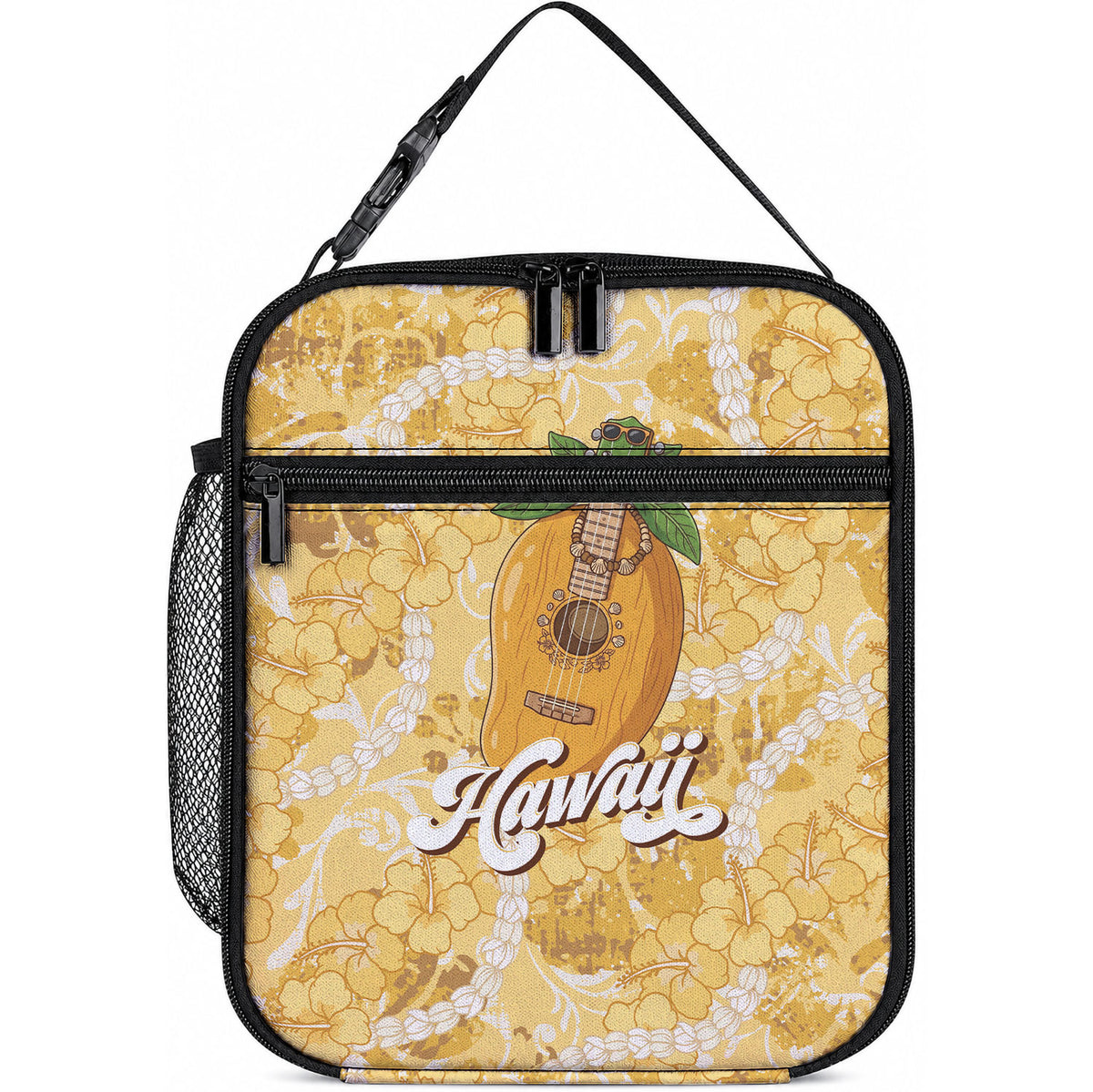 Hawaiian Mango Ukulele Lunch Bag Retro Yellow Hibiscus Pikake Lei LT9 10.2 × 8.3 × 4.3 inch Yellow - Polynesian Pride