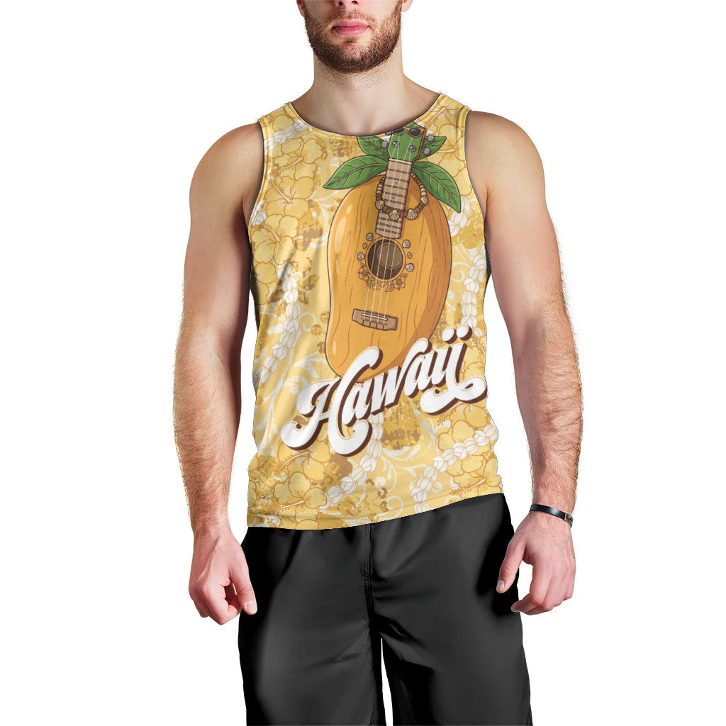Hawaiian Mango Ukulele Men Tank Top Retro Yellow Hibiscus Pikake Lei LT9 - Polynesian Pride