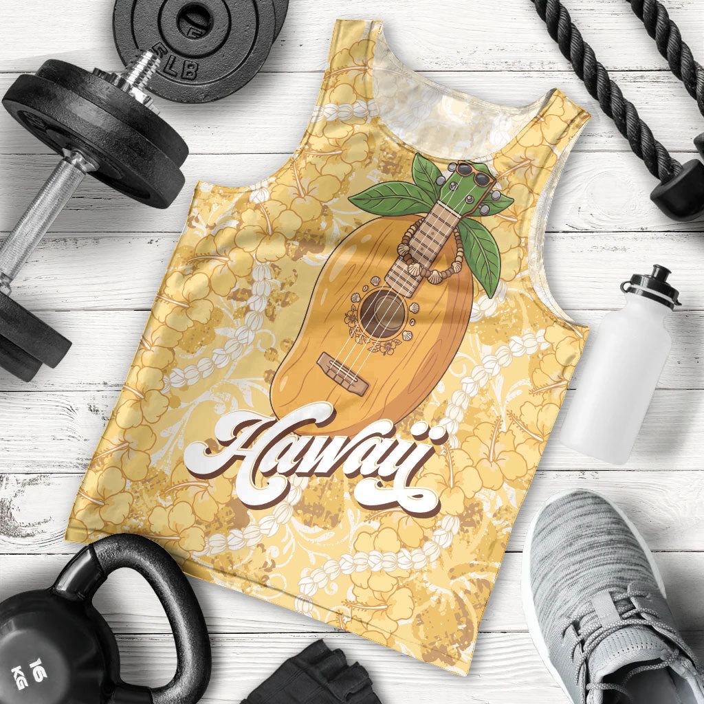 Hawaiian Mango Ukulele Men Tank Top Retro Yellow Hibiscus Pikake Lei LT9 - Polynesian Pride