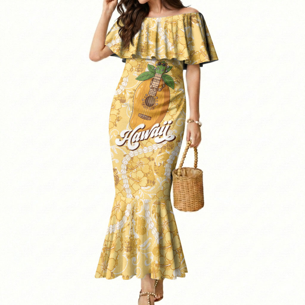 Hawaiian Mango Ukulele Mermaid Dress Retro Yellow Hibiscus Pikake Lei LT9 Women Yellow - Polynesian Pride