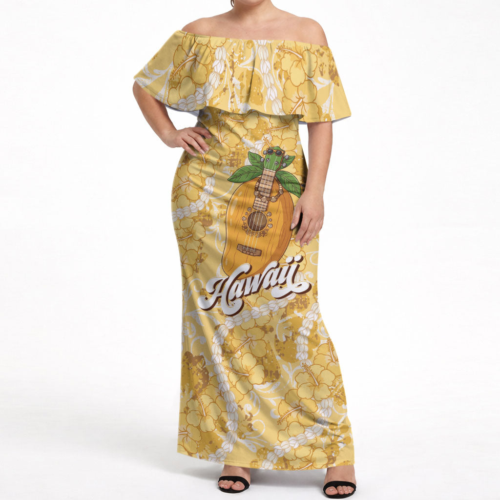 Hawaiian Mango Ukulele Off Shoulder Maxi Dress Retro Yellow Hibiscus Pikake Lei LT9 Women Yellow - Polynesian Pride