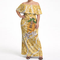 Hawaiian Mango Ukulele Off Shoulder Maxi Dress Retro Yellow Hibiscus Pikake Lei LT9 Women Yellow - Polynesian Pride