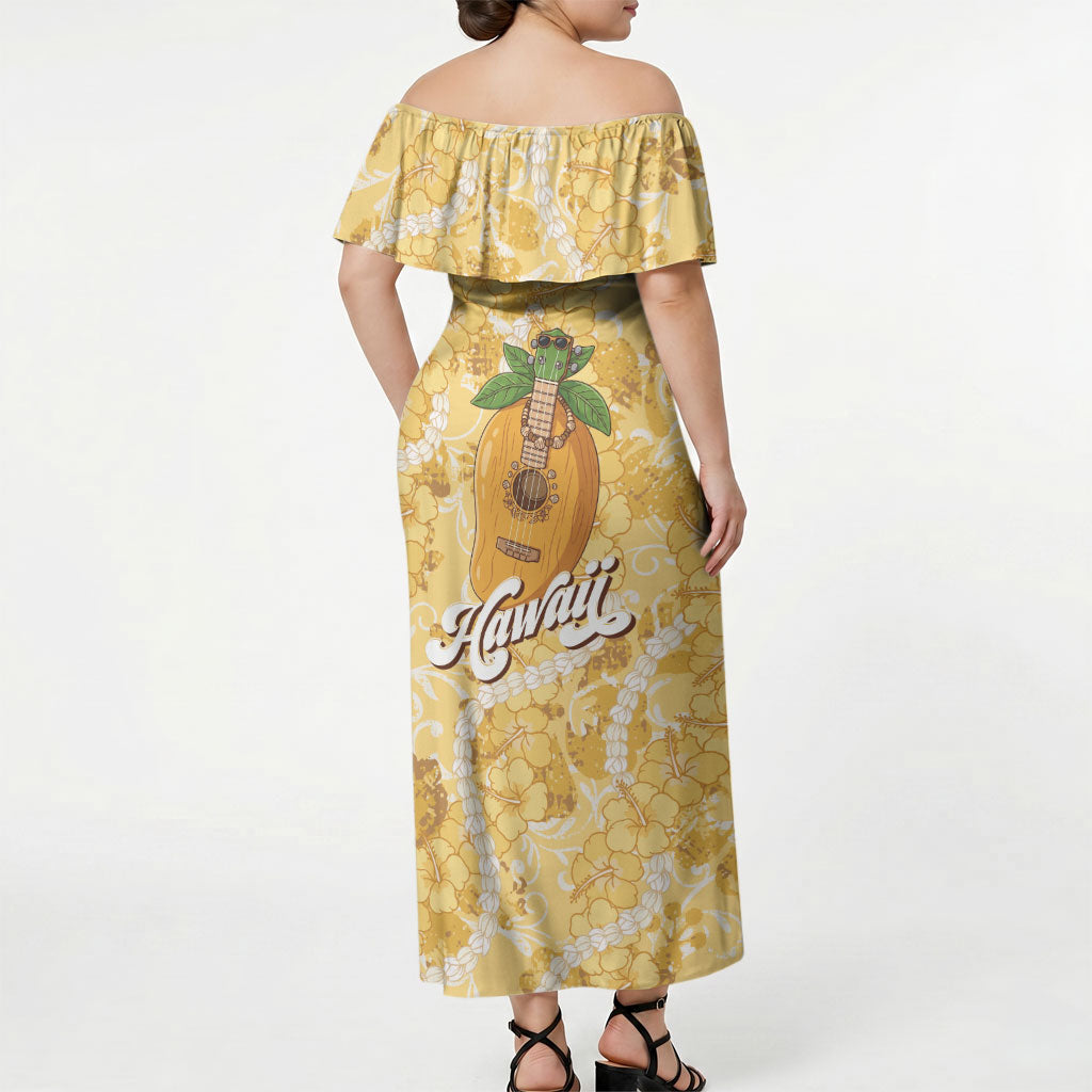 Hawaiian Mango Ukulele Off Shoulder Maxi Dress Retro Yellow Hibiscus Pikake Lei LT9 - Polynesian Pride