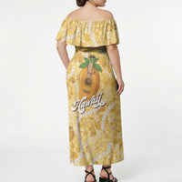 Hawaiian Mango Ukulele Off Shoulder Maxi Dress Retro Yellow Hibiscus Pikake Lei LT9 - Polynesian Pride