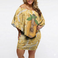 Hawaiian Mango Ukulele Off Shoulder Short Dress Retro Yellow Hibiscus Pikake Lei LT9 Women Yellow - Polynesian Pride