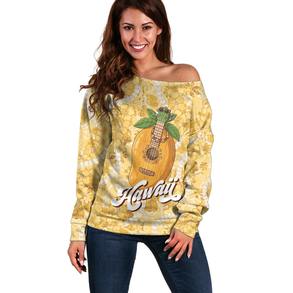 Hawaiian Mango Ukulele Off Shoulder Sweater Retro Yellow Hibiscus Pikake Lei LT9 Women Yellow - Polynesian Pride