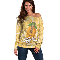 Hawaiian Mango Ukulele Off Shoulder Sweater Retro Yellow Hibiscus Pikake Lei LT9 Women Yellow - Polynesian Pride