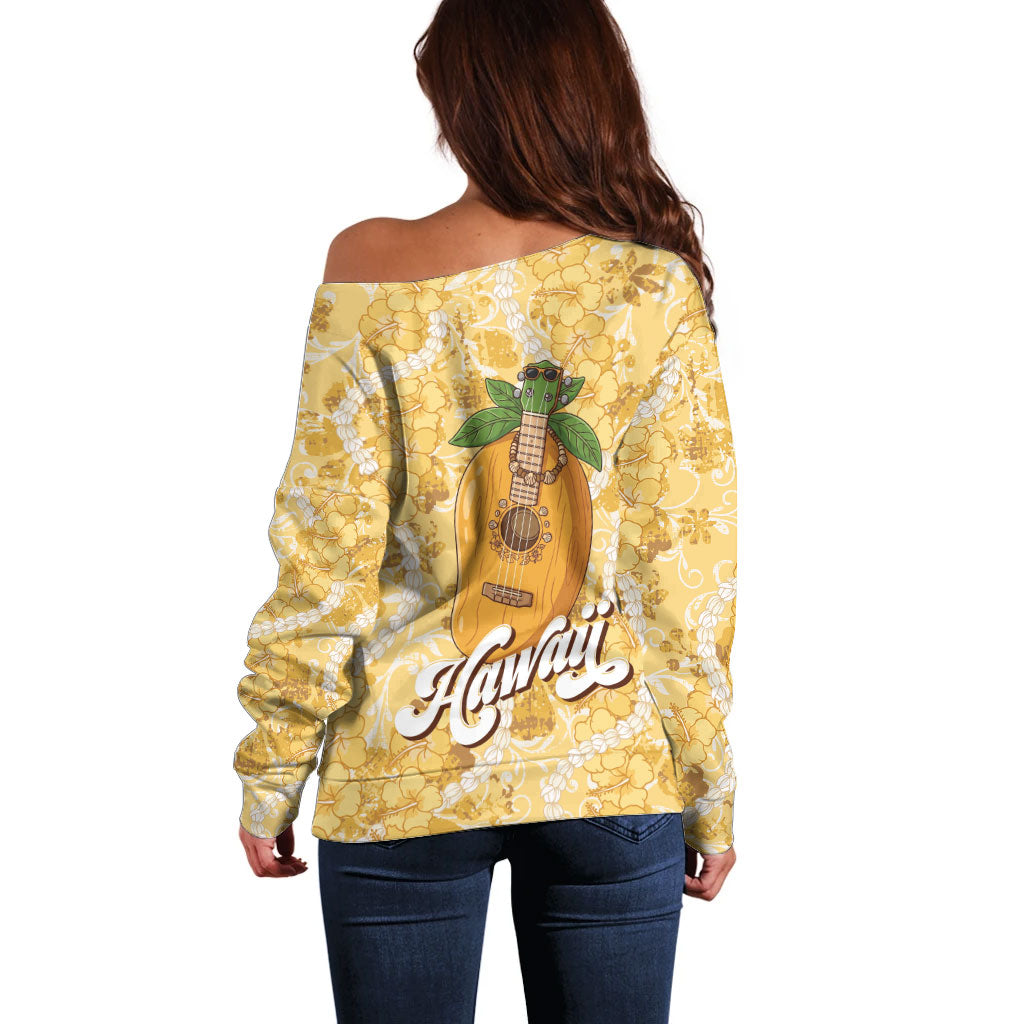 Hawaiian Mango Ukulele Off Shoulder Sweater Retro Yellow Hibiscus Pikake Lei LT9 - Polynesian Pride