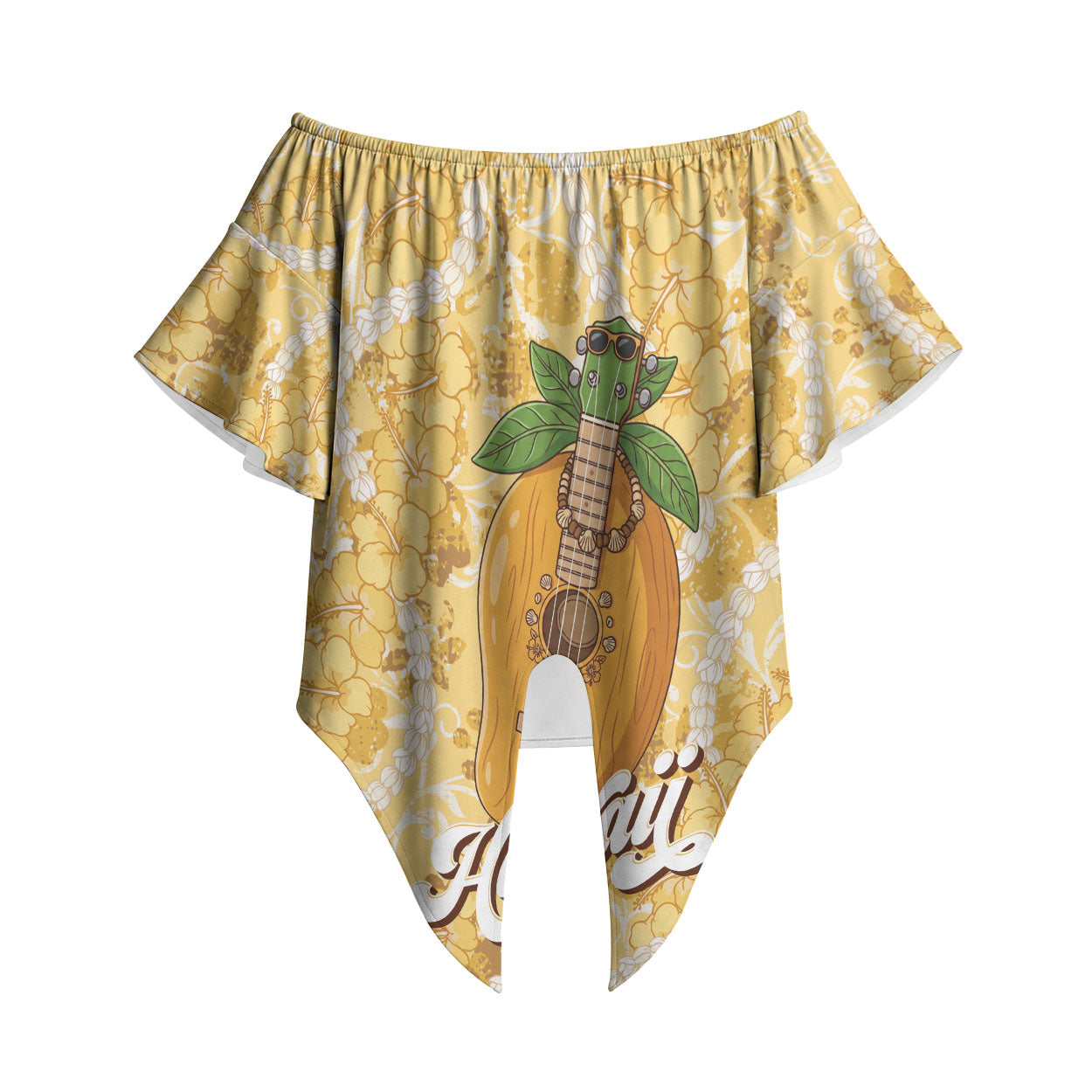 Hawaiian Mango Ukulele Off Shoulder Wrap Waist Top Retro Yellow Hibiscus Pikake Lei LT9 Yellow - Polynesian Pride
