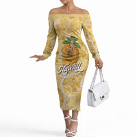 Hawaiian Mango Ukulele Off The Shoulder Long Sleeve Dress Retro Yellow Hibiscus Pikake Lei LT9 Women Yellow - Polynesian Pride