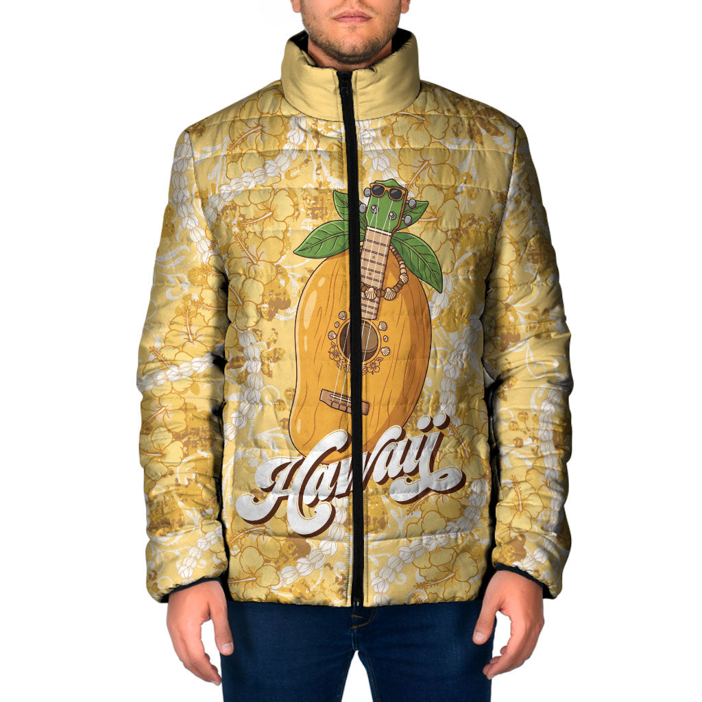 Hawaiian Mango Ukulele Padded Jacket Retro Yellow Hibiscus Pikake Lei LT9 Men Yellow - Polynesian Pride