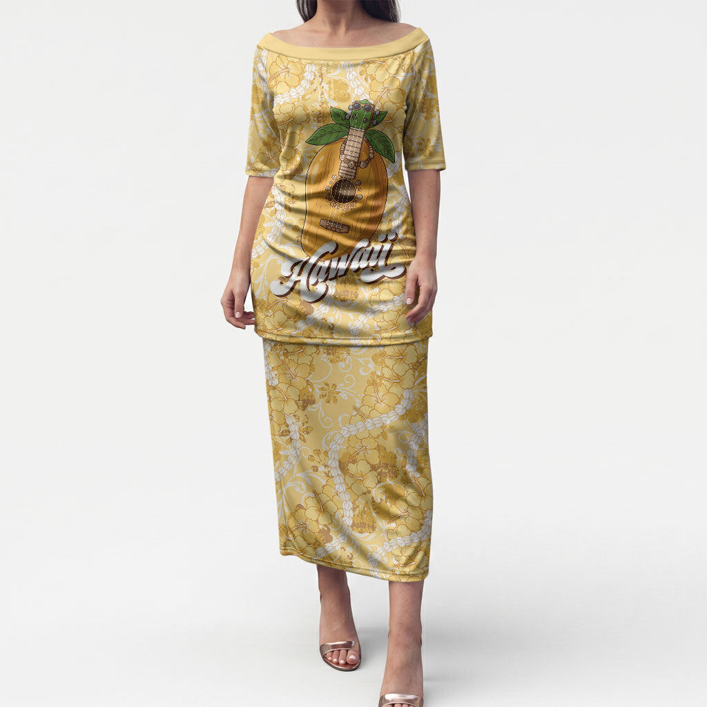 Hawaiian Mango Ukulele Puletasi Retro Yellow Hibiscus Pikake Lei LT9 Long Dress Yellow - Polynesian Pride