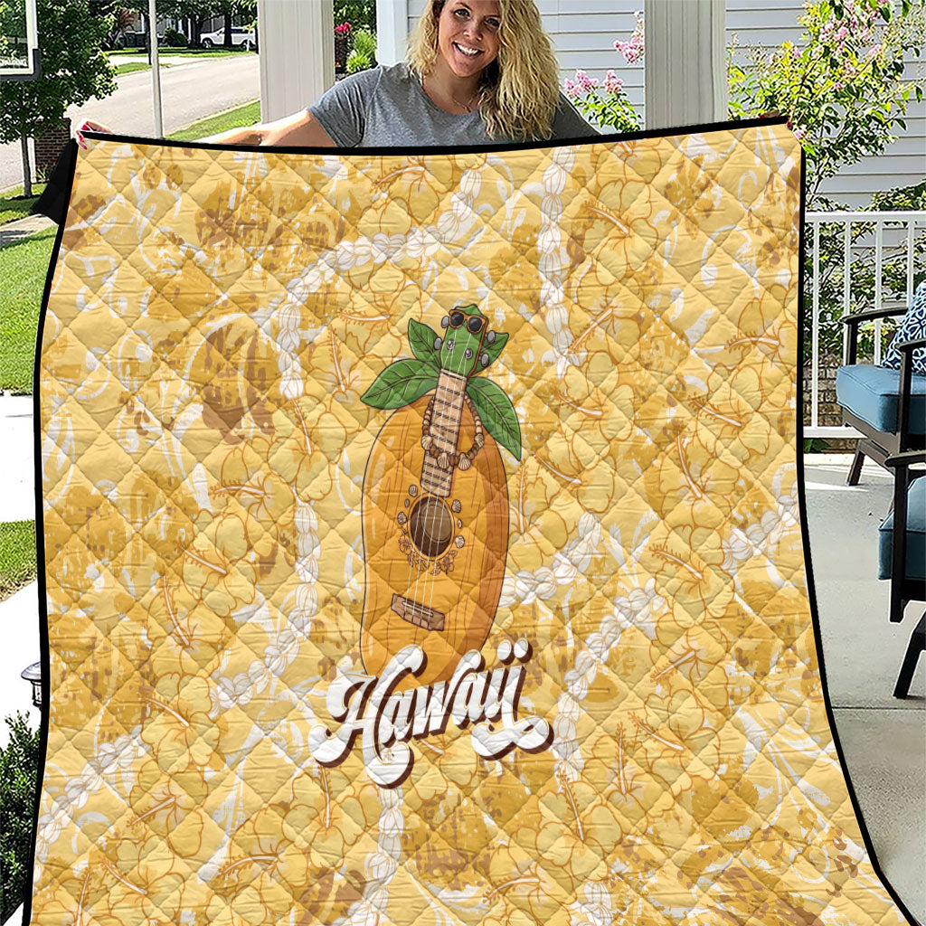 Hawaiian Mango Ukulele Quilt Retro Yellow Hibiscus Pikake Lei LT9 Yellow - Polynesian Pride