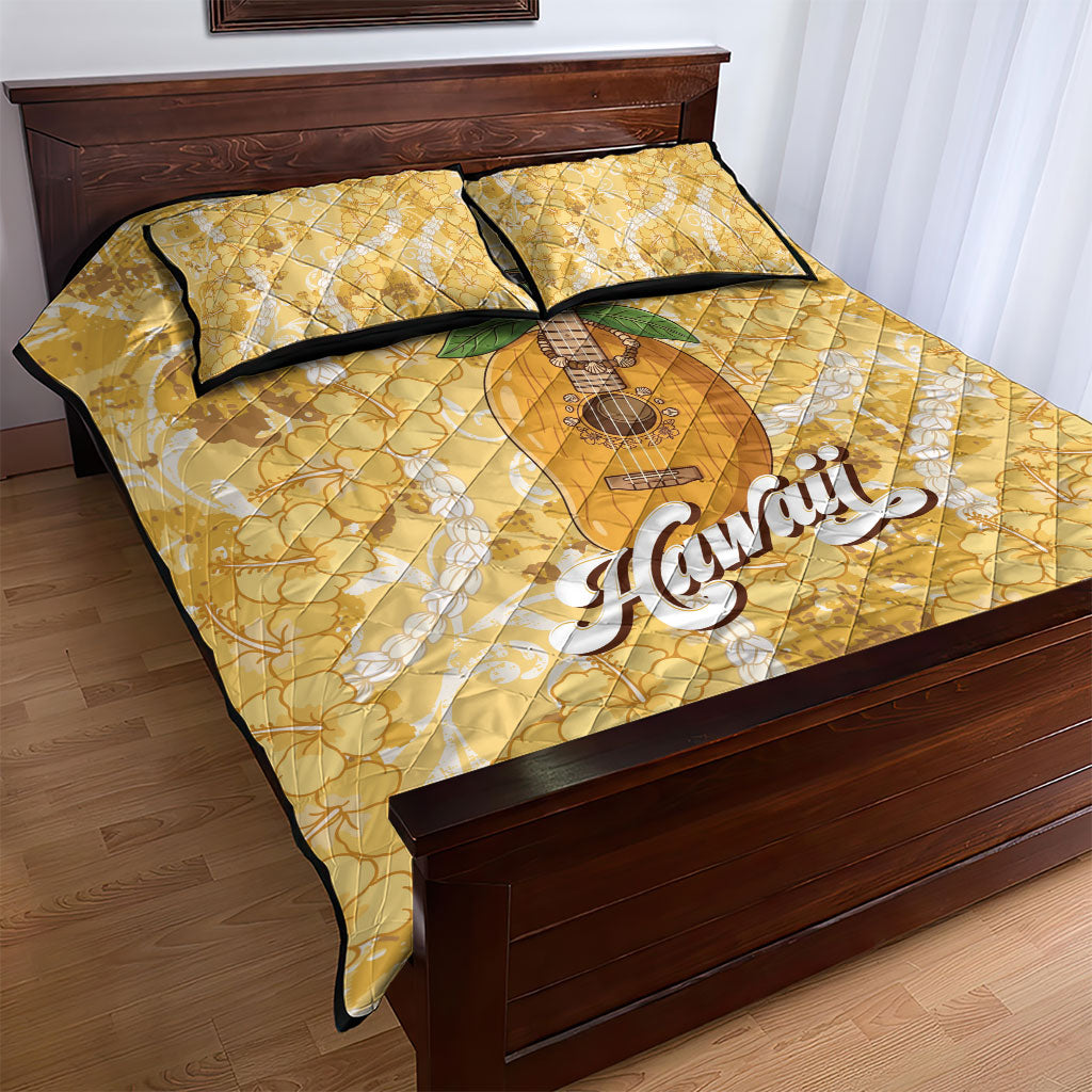 Hawaiian Mango Ukulele Quilt Bed Set Retro Yellow Hibiscus Pikake Lei LT9 - Polynesian Pride