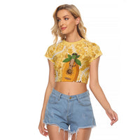 Hawaiian Mango Ukulele Raglan Cropped T Shirt Retro Yellow Hibiscus Pikake Lei LT9 Female Yellow - Polynesian Pride