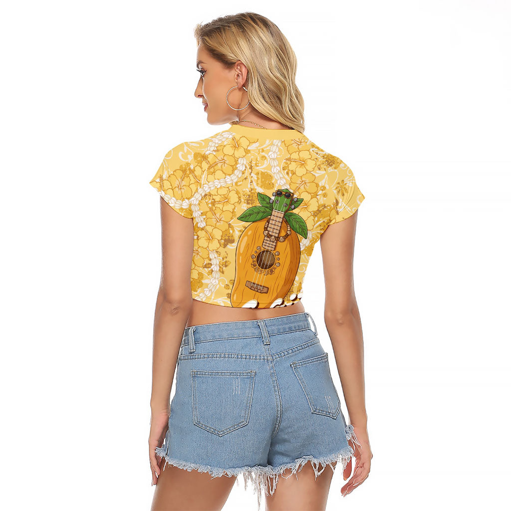Hawaiian Mango Ukulele Raglan Cropped T Shirt Retro Yellow Hibiscus Pikake Lei LT9 - Polynesian Pride