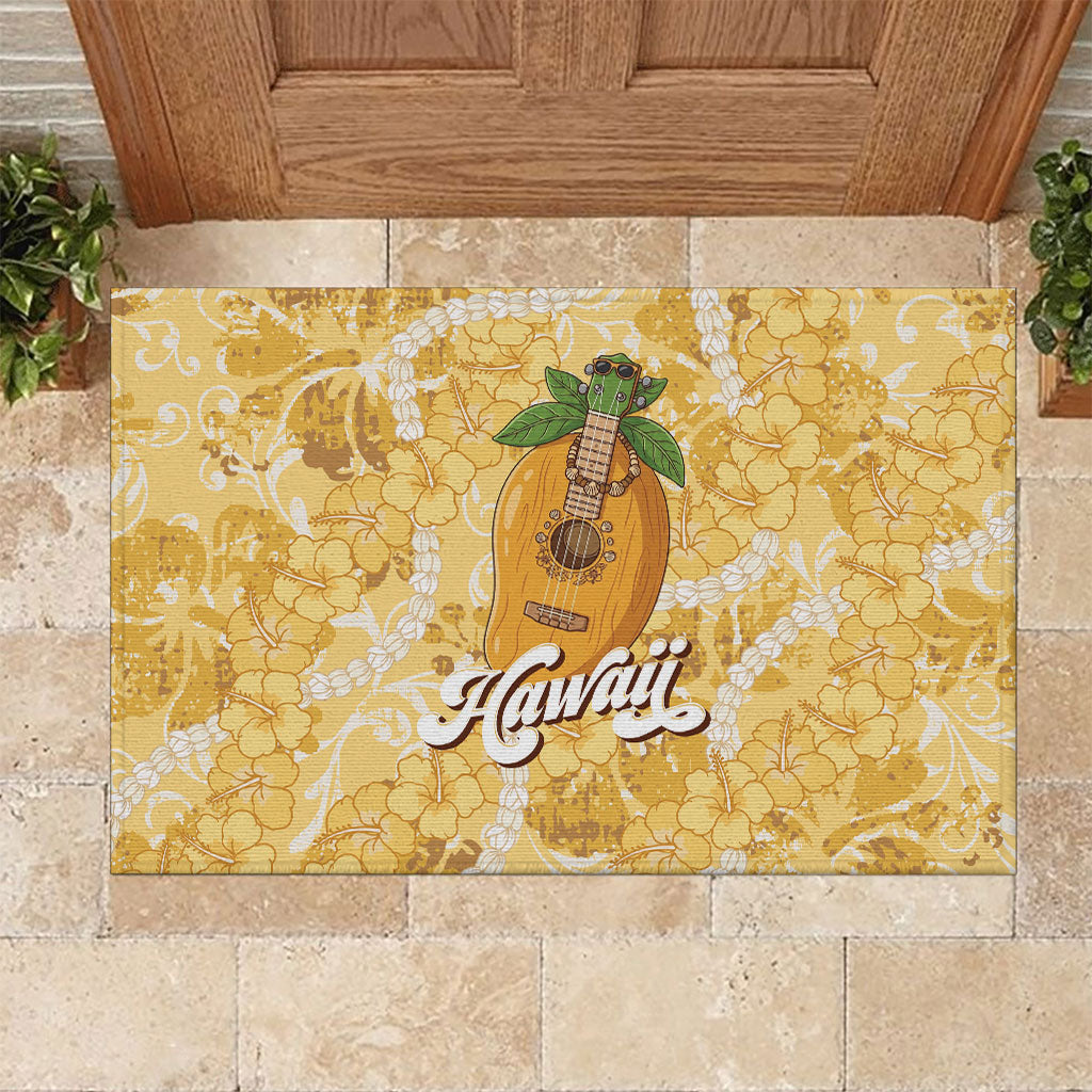 Hawaiian Mango Ukulele Rubber Doormat Retro Yellow Hibiscus Pikake Lei LT9 Yellow - Polynesian Pride