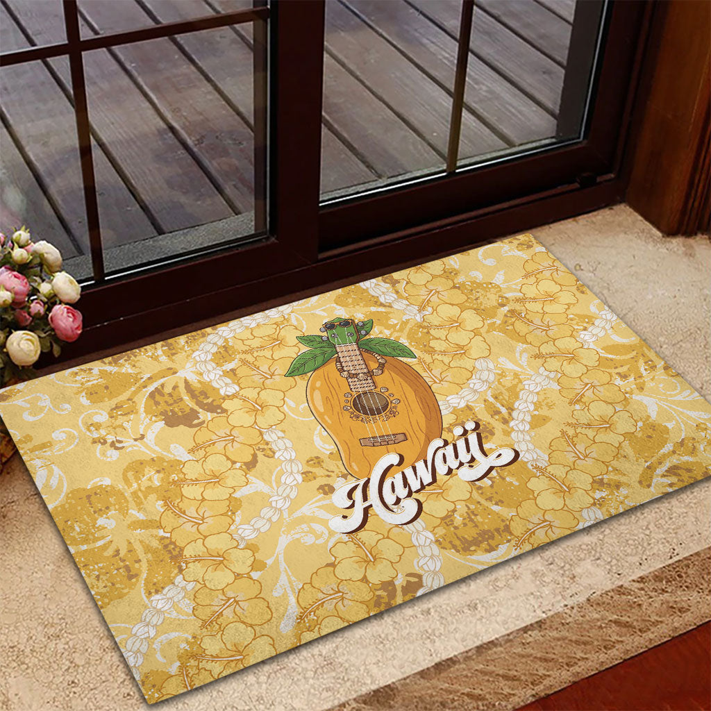 Hawaiian Mango Ukulele Rubber Doormat Retro Yellow Hibiscus Pikake Lei LT9 - Polynesian Pride