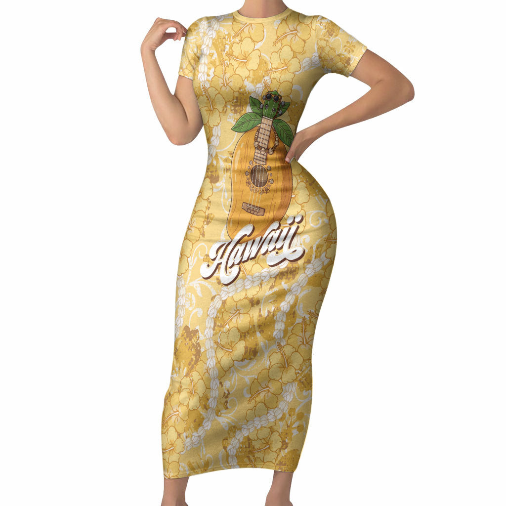 Hawaiian Mango Ukulele Short Sleeve Bodycon Dress Retro Yellow Hibiscus Pikake Lei LT9 Long Dress Yellow - Polynesian Pride