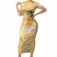 Hawaiian Mango Ukulele Short Sleeve Bodycon Dress Retro Yellow Hibiscus Pikake Lei LT9 Long Dress Yellow - Polynesian Pride