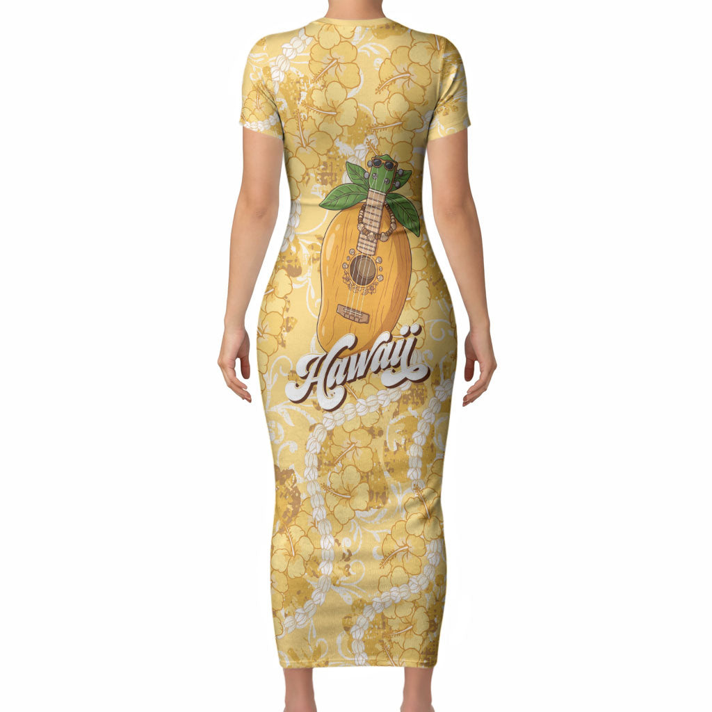 Hawaiian Mango Ukulele Short Sleeve Bodycon Dress Retro Yellow Hibiscus Pikake Lei LT9 - Polynesian Pride