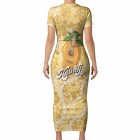 Hawaiian Mango Ukulele Short Sleeve Bodycon Dress Retro Yellow Hibiscus Pikake Lei LT9 - Polynesian Pride