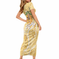 Hawaiian Mango Ukulele Short Sleeve Bodycon Dress Retro Yellow Hibiscus Pikake Lei LT9 - Polynesian Pride