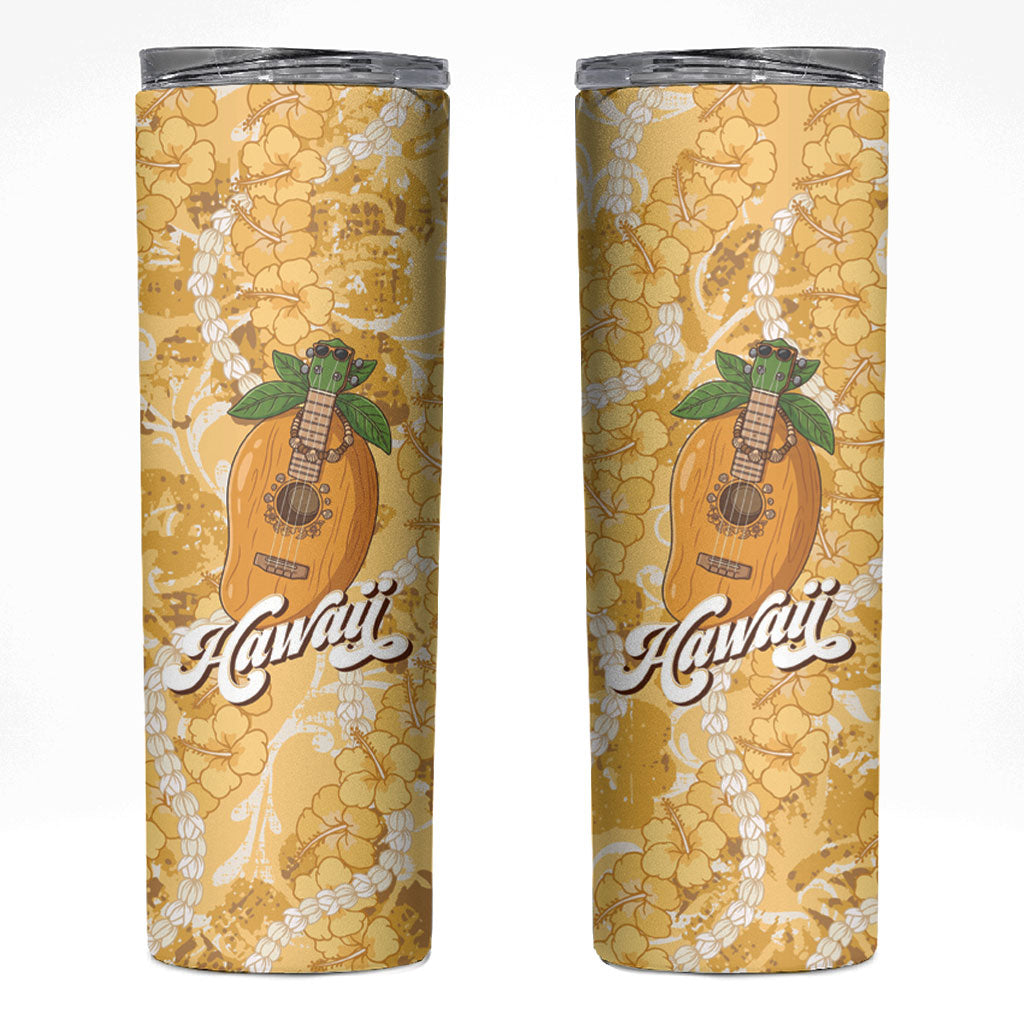 Hawaiian Mango Ukulele Skinny Tumbler Retro Yellow Hibiscus Pikake Lei LT9 Yellow - Polynesian Pride