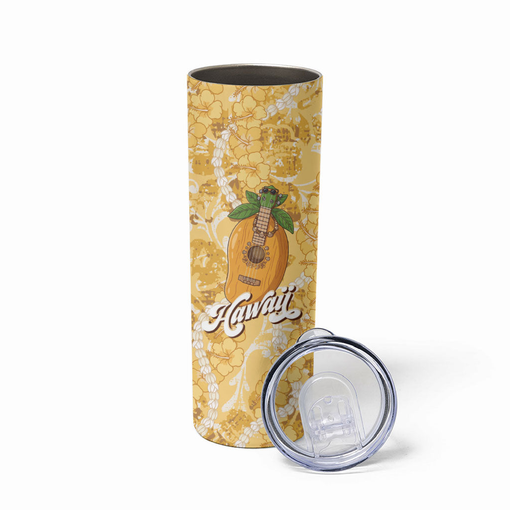 Hawaiian Mango Ukulele Skinny Tumbler Retro Yellow Hibiscus Pikake Lei LT9 - Polynesian Pride