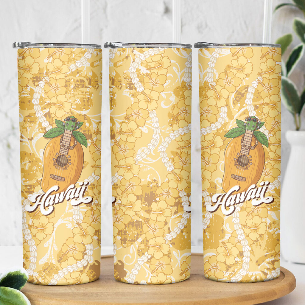 Hawaiian Mango Ukulele Skinny Tumbler Retro Yellow Hibiscus Pikake Lei LT9 - Polynesian Pride