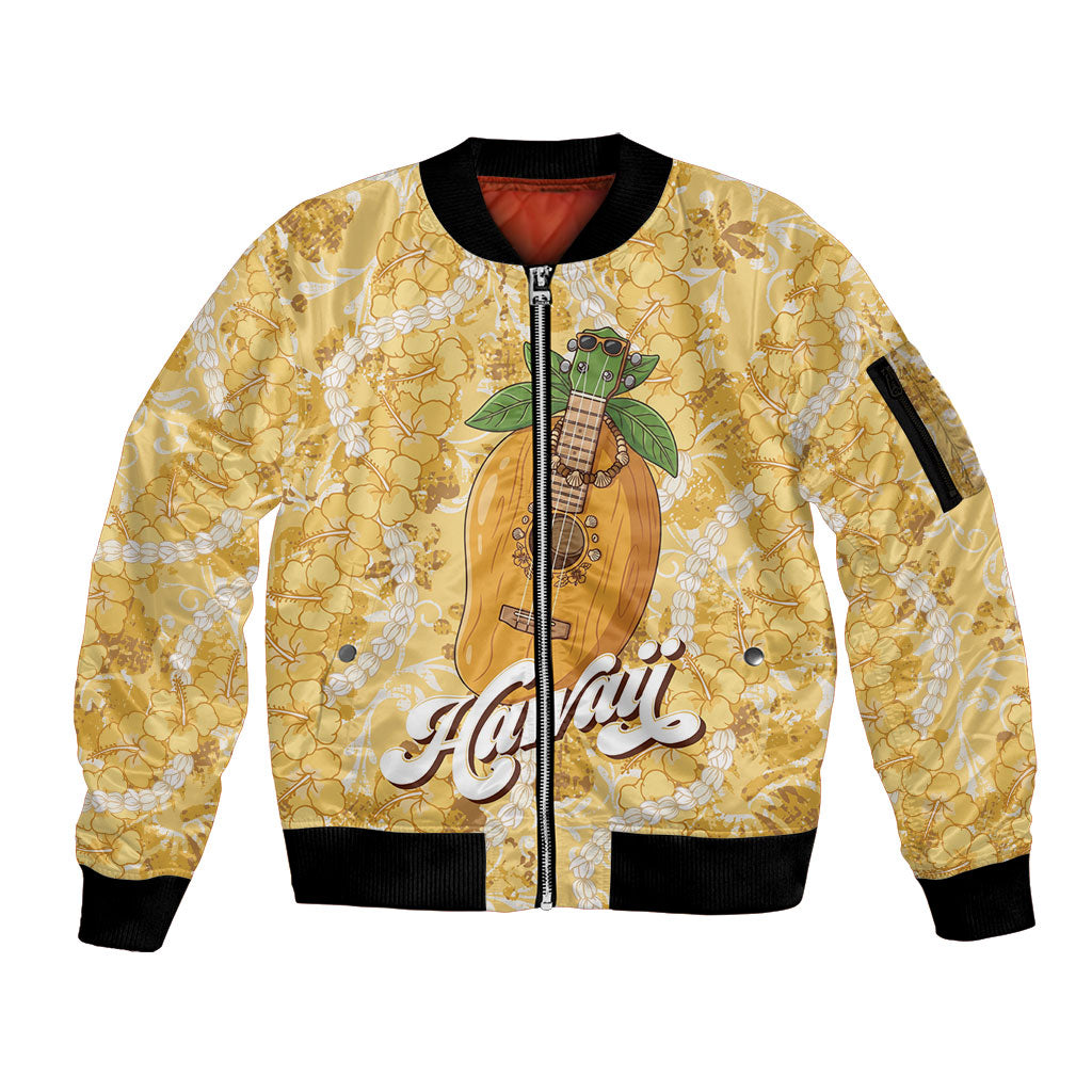 Hawaiian Mango Ukulele Sleeve Zip Bomber Jacket Retro Yellow Hibiscus Pikake Lei LT9 Unisex Yellow - Polynesian Pride