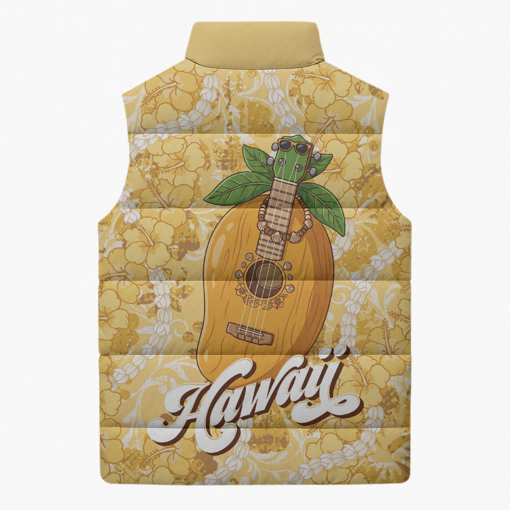 Hawaiian Mango Ukulele Sleeveless Puffer Jacket Retro Yellow Hibiscus Pikake Lei LT9 - Polynesian Pride