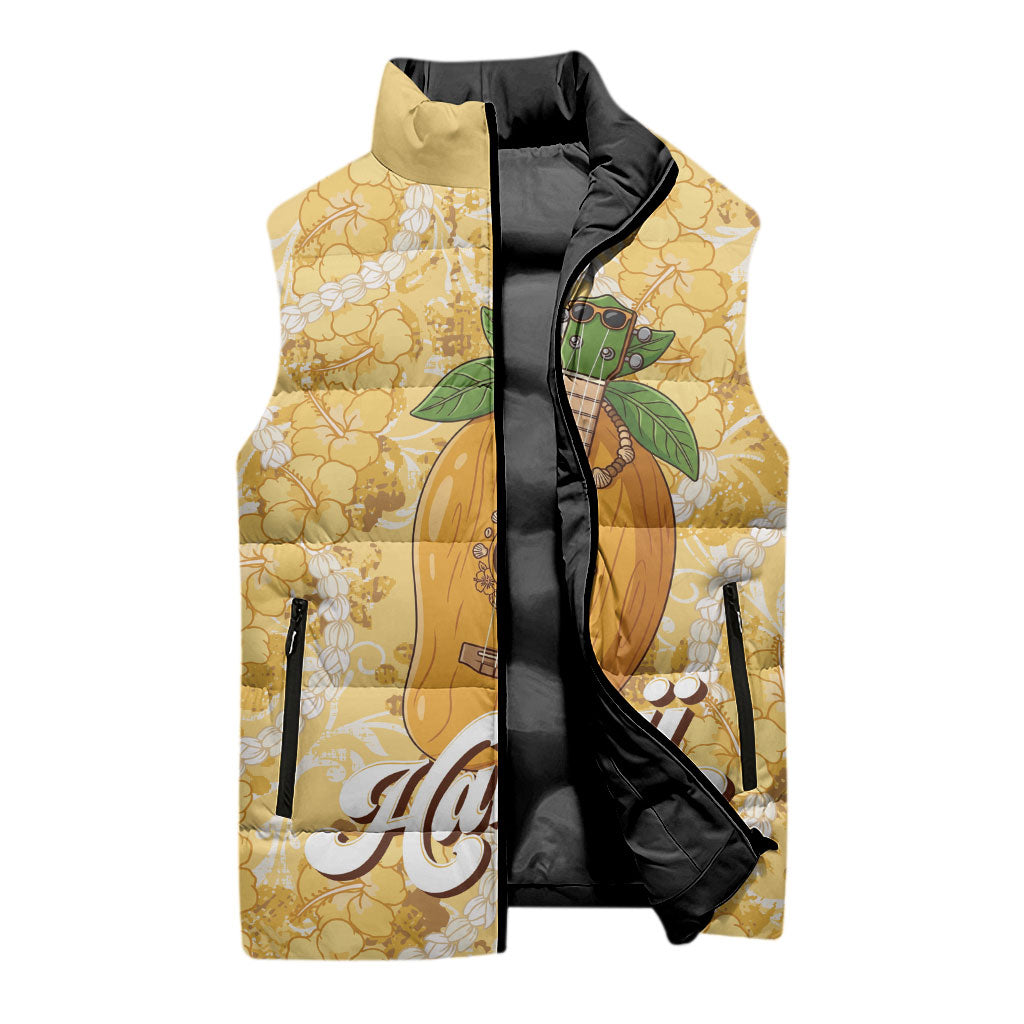 Hawaiian Mango Ukulele Sleeveless Puffer Jacket Retro Yellow Hibiscus Pikake Lei LT9 - Polynesian Pride
