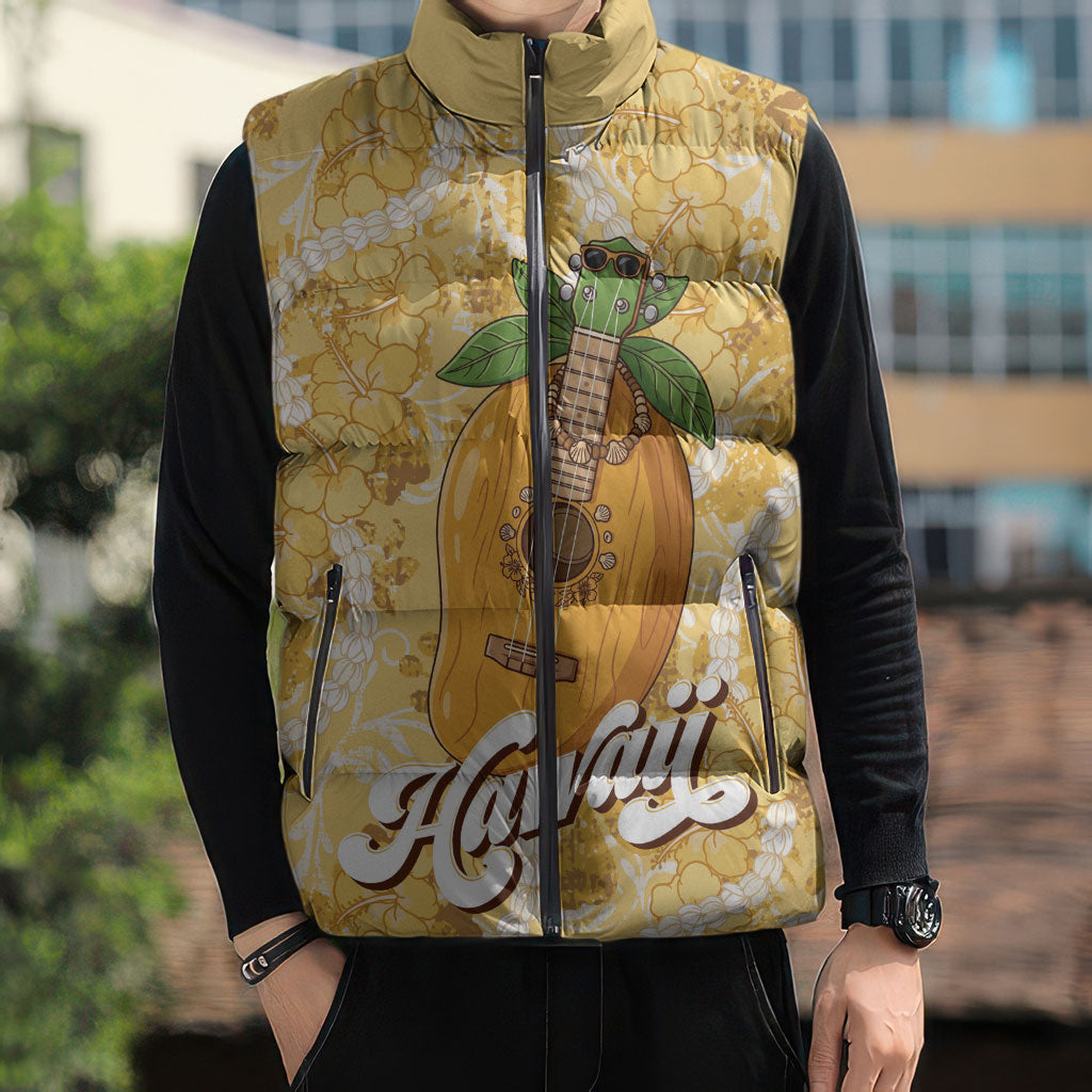Hawaiian Mango Ukulele Sleeveless Puffer Jacket Retro Yellow Hibiscus Pikake Lei LT9 - Polynesian Pride
