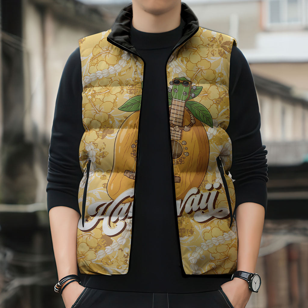 Hawaiian Mango Ukulele Sleeveless Puffer Jacket Retro Yellow Hibiscus Pikake Lei LT9 - Polynesian Pride