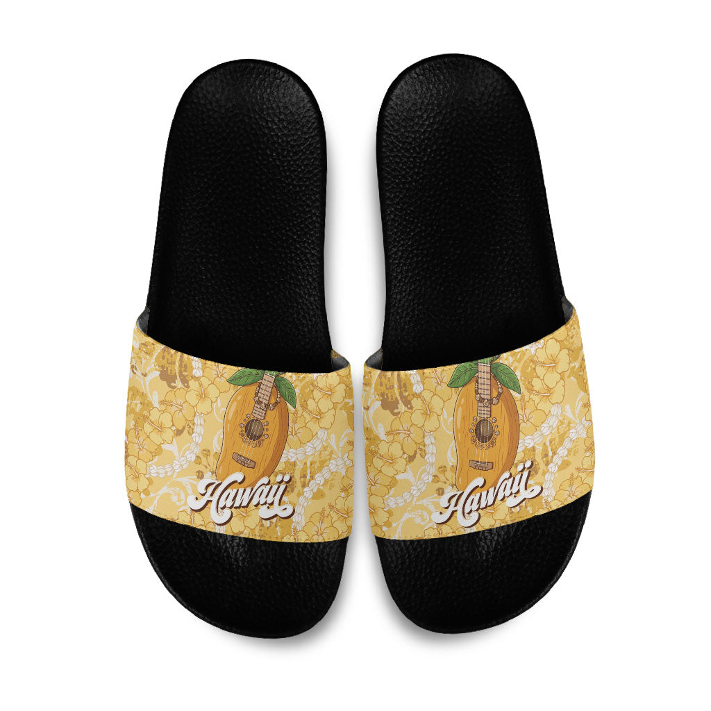 Hawaiian Mango Ukulele Slide Sandals Retro Yellow Hibiscus Pikake Lei LT9 Yellow - Polynesian Pride