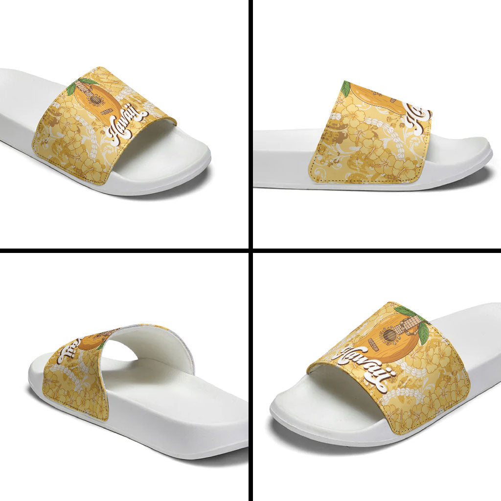 Hawaiian Mango Ukulele Slide Sandals Retro Yellow Hibiscus Pikake Lei LT9 - Polynesian Pride