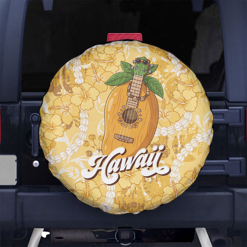 Hawaiian Mango Ukulele Spare Tire Cover Retro Yellow Hibiscus Pikake Lei LT9 No hole Yellow - Polynesian Pride