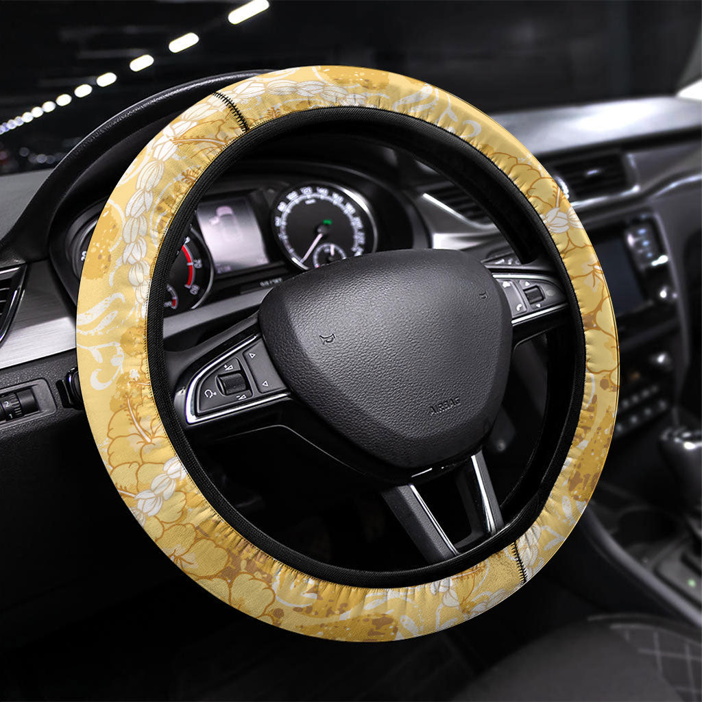 Hawaiian Mango Ukulele Steering Wheel Cover Retro Yellow Hibiscus Pikake Lei LT9 Universal Fit Yellow - Polynesian Pride