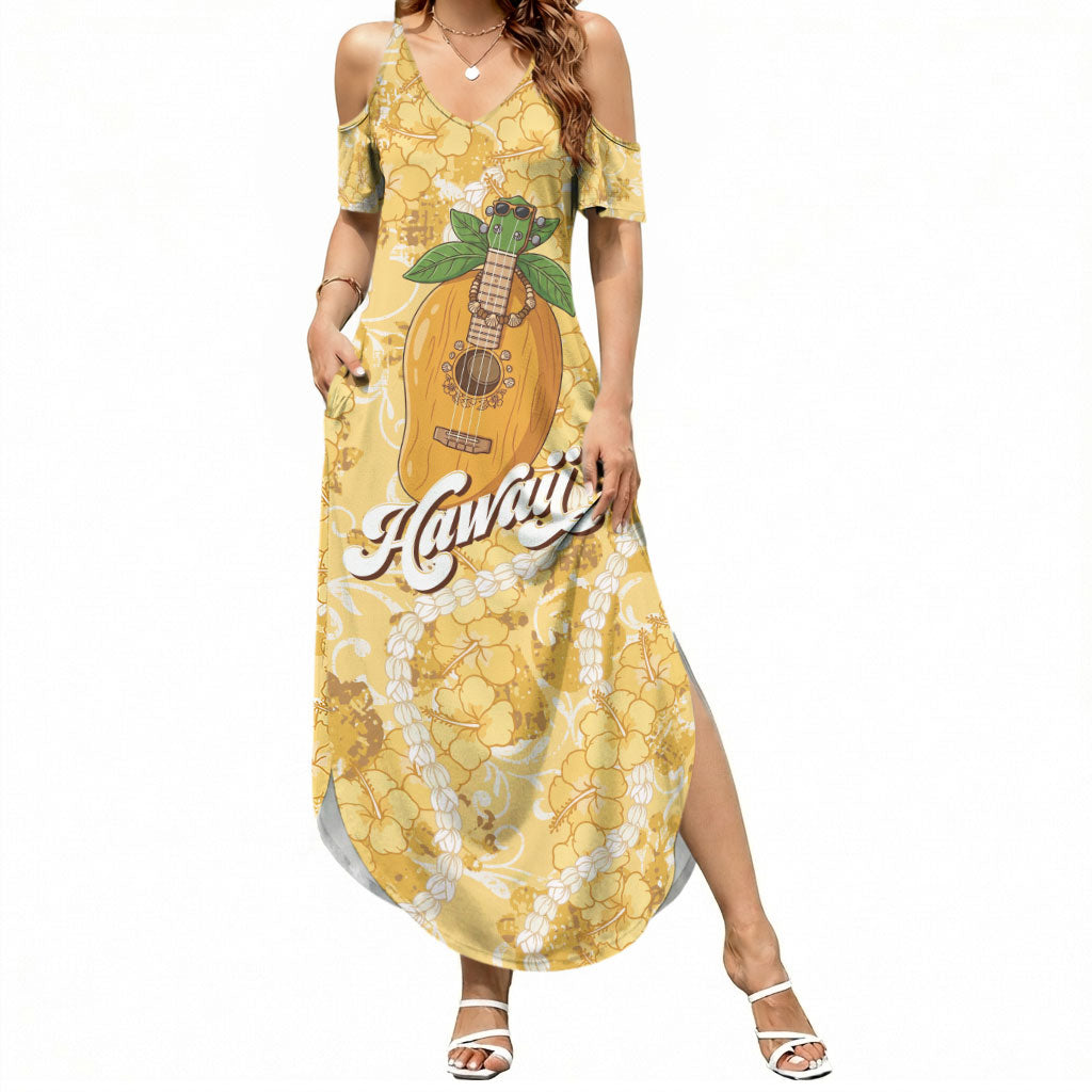 Hawaiian Mango Ukulele Summer Maxi Dress Retro Yellow Hibiscus Pikake Lei LT9 Women Yellow - Polynesian Pride
