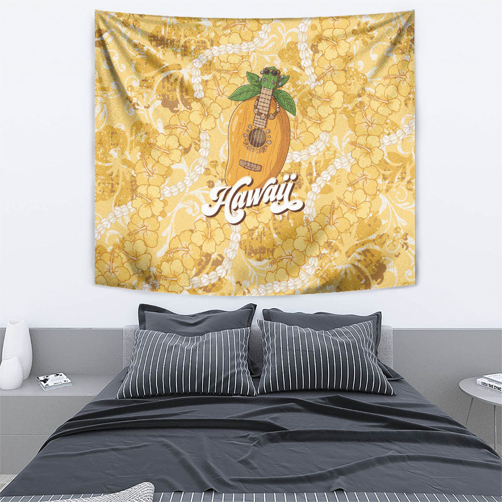 Hawaiian Mango Ukulele Tapestry Retro Yellow Hibiscus Pikake Lei LT9 - Polynesian Pride