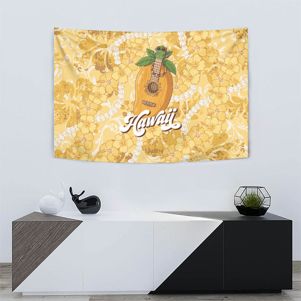 Hawaiian Mango Ukulele Tapestry Retro Yellow Hibiscus Pikake Lei LT9 - Polynesian Pride